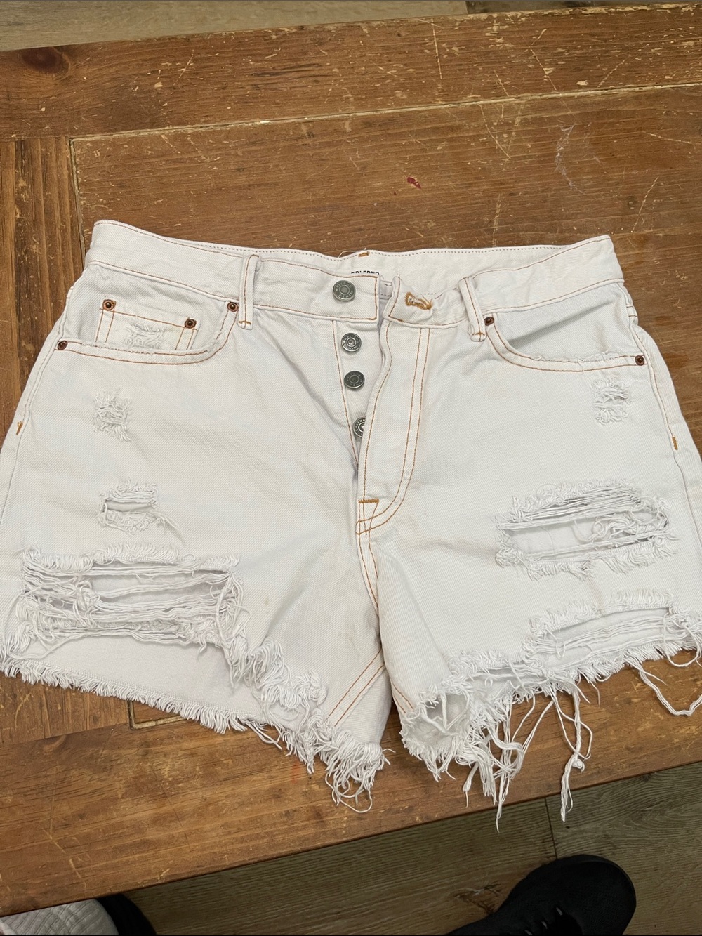 GRLFRND White Distressed Button-Fly Denim Shorts